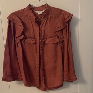 Veronica Beard linen Terracotta Ruffled Blouse